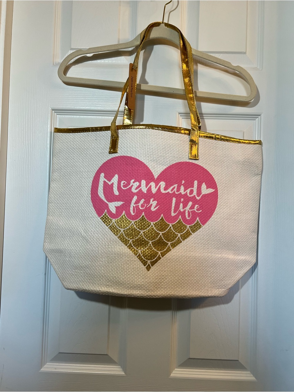 Mermaid For Life White Tote with Pink Heart and Gold Accents